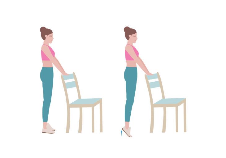 calf raises while leaning on a chair for support 
